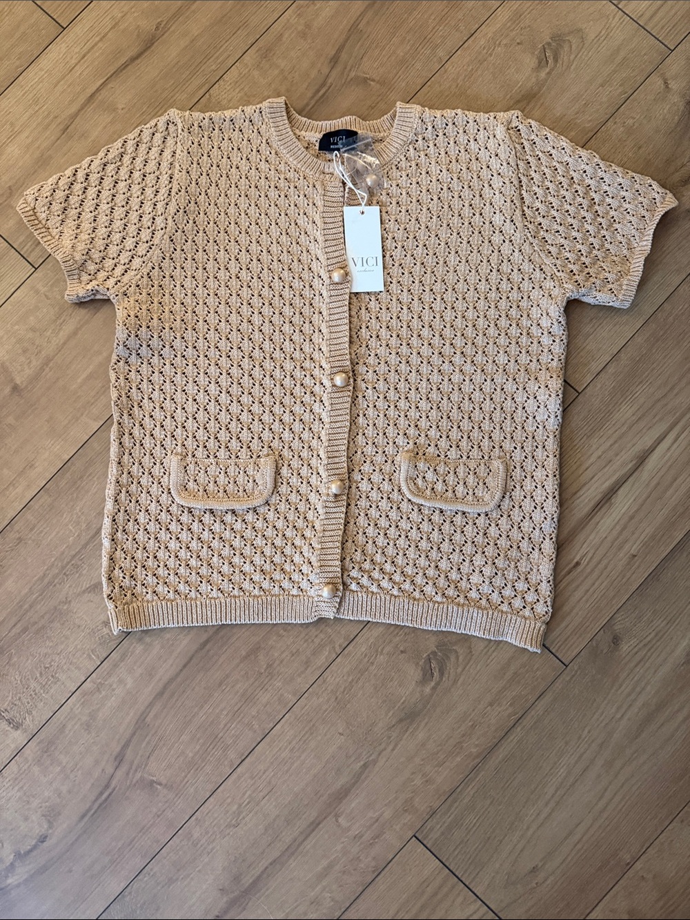 VICI Neutral Beige Open-Knit Short Sleeve Cardigan with Pearl Buttons